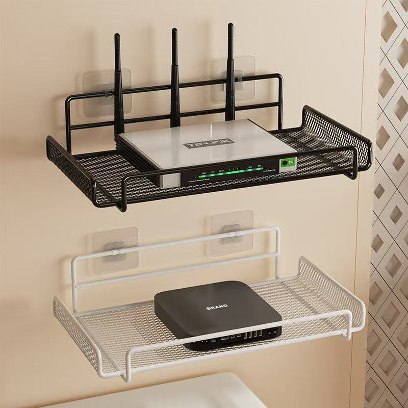Home Bathroom Organizer - ชั้นวางเราเตอร์ติดผนังแบบไม่ต้องเจาะ ตะแกรงโลหะ ชั้นจัดเก็บอุปกรณ์ WiFi ที่แขวนผนัง สำหรับบ้าน