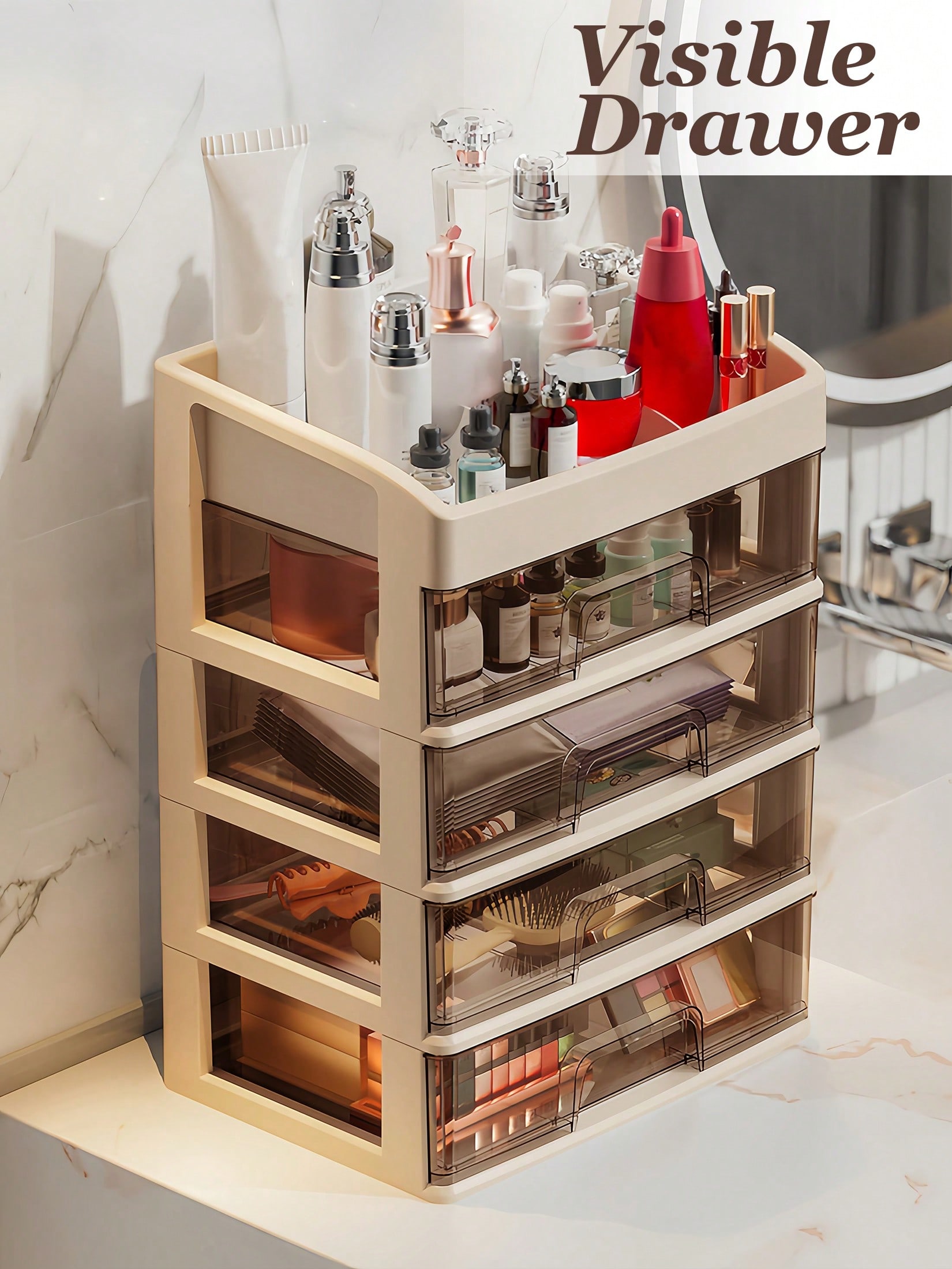 Home Essentials Bathroom Storage - ที่จัดระเบียบเครื่องสำอาง, ลิ้นชักเก็บเครื่องสำอาง, ที่จัดระเบียบเคาน์เตอร์ในห้องน้ำแบบพลาสติก ที่จัดระเบียบเครื่องสำอางแบบใสสำหรับโต๊ะเครื่องแป้ง เหมาะสำหรับตู้ครัว ห้องน้ำ
