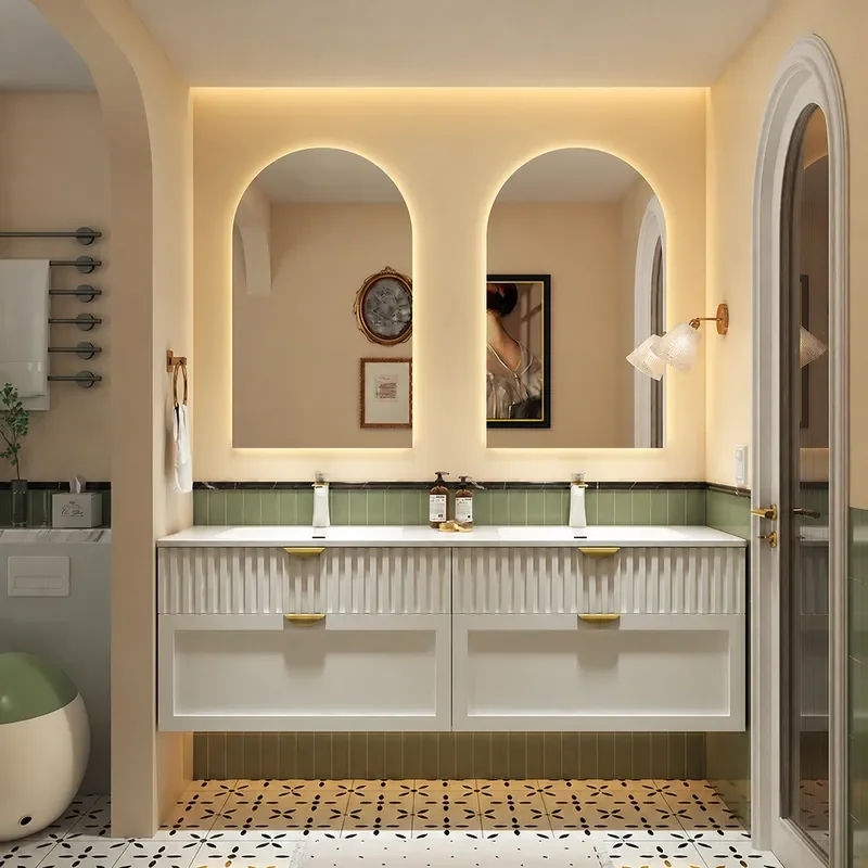 Home Bathroom Vanity Combo - ตู้ห้องน้ำสไตล์ครีมพร้อมอ่างล้างหน้าแบบ Corian ในตัว ตู้วางอ่างล้างหน้าไม้โอ๊ค ชุดอ่างล้างหน้าพร้อมที่เก็บของแบบโมเดิร์นสำหรับบ้าน
