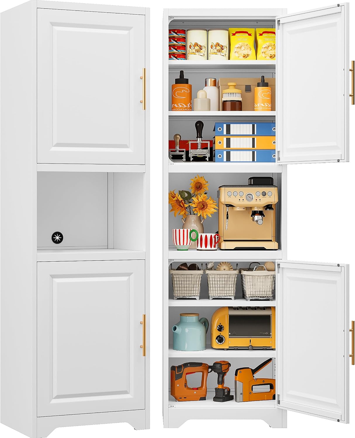 Home Bathroom Organizer - ตู้เก็บของทรงสูง 67 นิ้ว แบบแคบ มีสองบานประตูและเจ็ดชั้นวาง ตู้เก็บของในครัวทรงเพรียวบาง