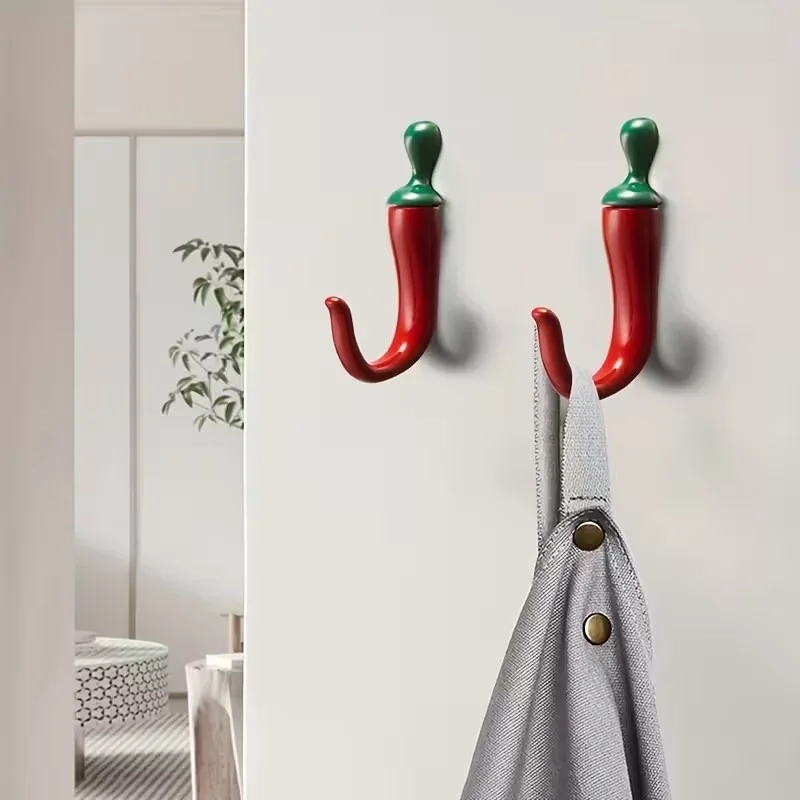Home Bathroom Organizer - ชุดตะขอแขวนติดผนังรูปพริกไทย 10 ชิ้น สีแดง สำหรับแขวนเสื้อโค้ทและหมวก ตกแต่งบ้านอย่างสร้างสรรค์