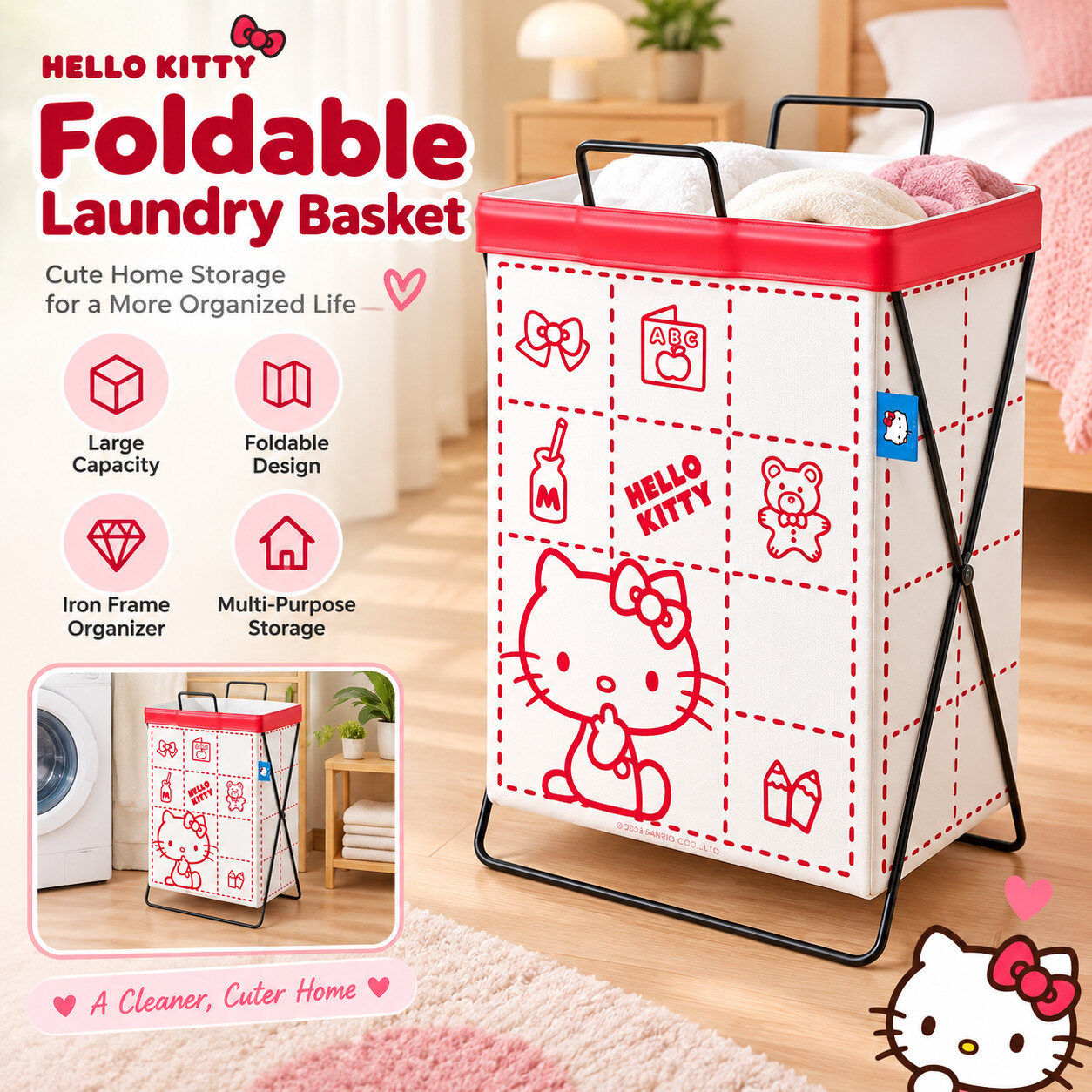 Home Edit Bathroom Storage - ซินนามอนโรล คุโรมิ ซานริโอ ตะกร้าผ้าโครงเหล็ก ตะกร้าซักผ้าขนาดใหญ่ สำหรับจัดเก็บเสื้อผ้าสกปรกในบ้าน