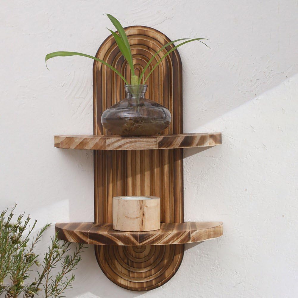 Home Bathroom Organizer - ชั้นวางของแขวนผนังลายโบฮีเมียน 2 ชั้น ชั้นวางไม้ลอยตกแต่งสไตล์มิดเซ็นจูรี่ สีน้ำตาล สำหรับจัดเก็บของในบ้านหลายจุด