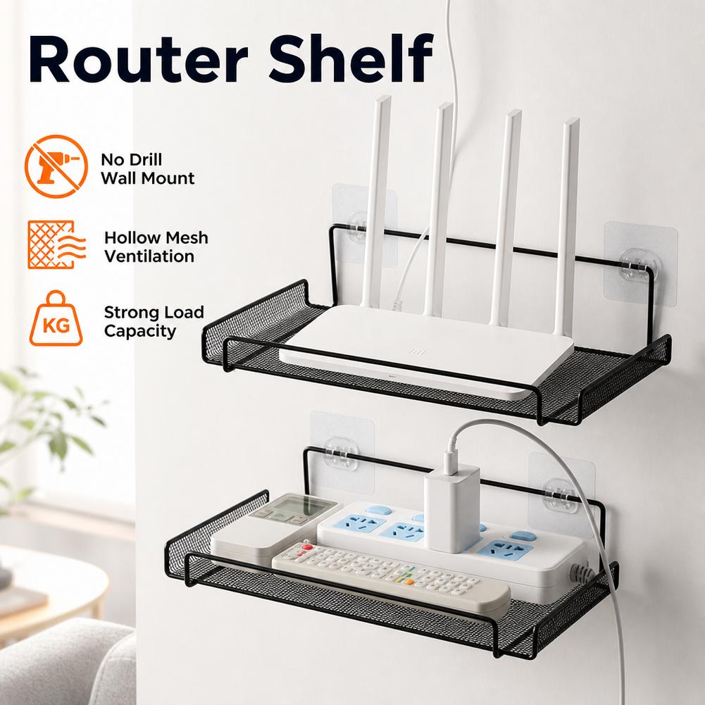 Home Bathroom Organizer - ชั้นวางเราเตอร์ติดผนังสแตนเลส ไม่ต้องเจาะผนัง สำหรับจัดเก็บอุปกรณ์ WiFi ใช้ได้ในบ้าน ห้องน้ำ