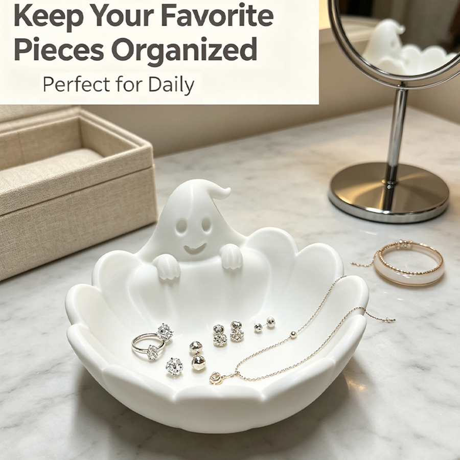 Home Essentials Bathroom Storage - ถาดใส่เครื่องประดับรูปผี 3D สีขาวด้าน พร้อมรายละเอียดหน้าผี ขอบโค้งมน ดีไซน์กันลื่น